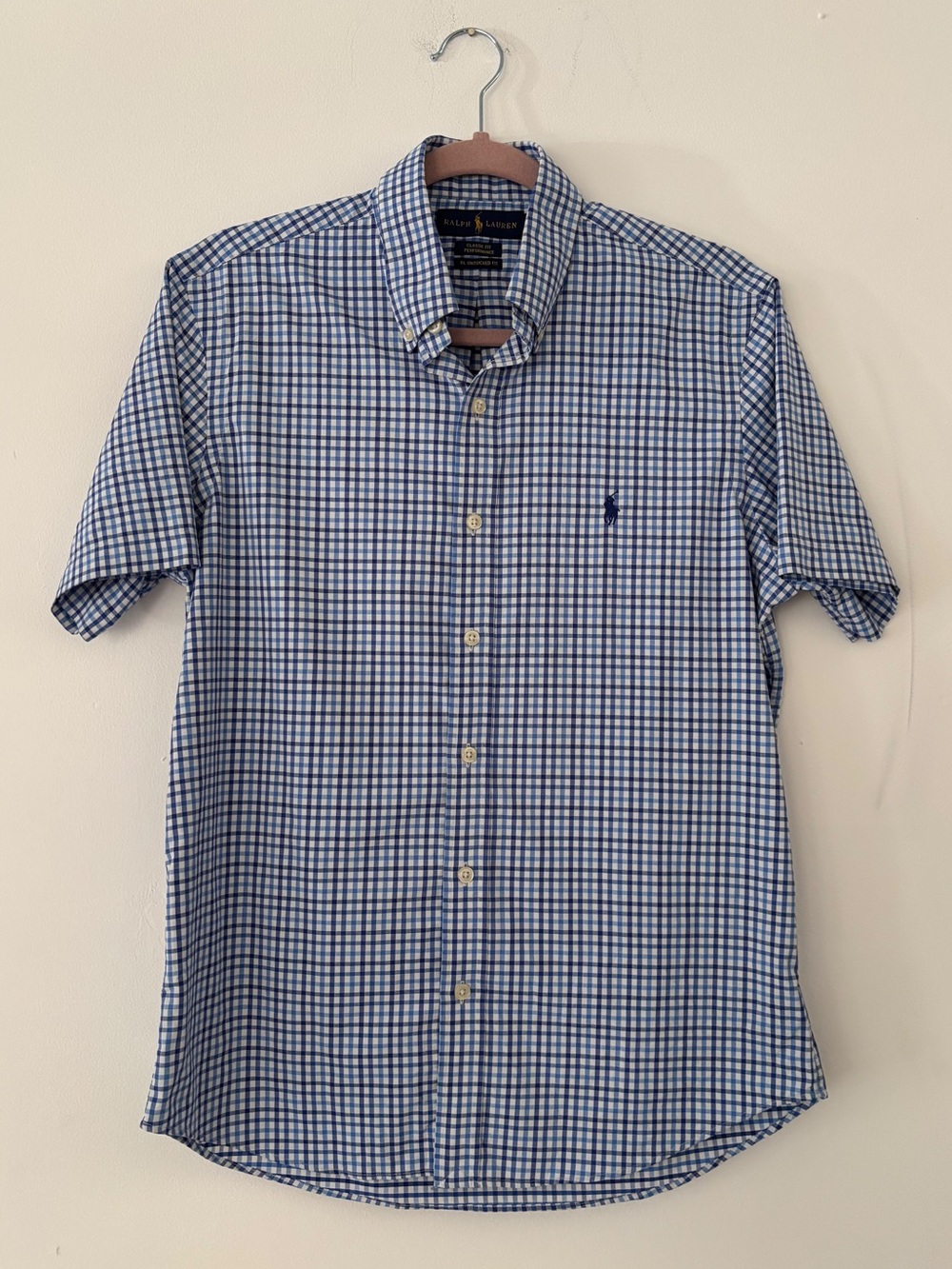 Ralph Lauren Classic Fit Performance Untucked Short Sleeve Shirt Blue Check S